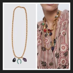 Zara Large Gold Chain Necklace With Charms Horseshoe, Violet Stone, Black